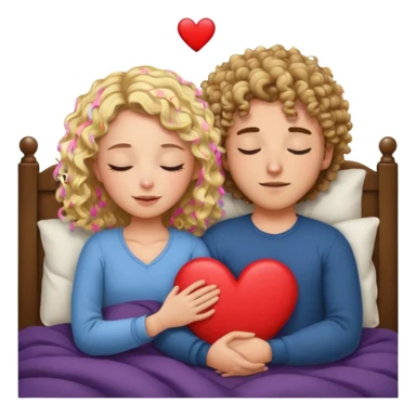 cuddling in bed, asleep. wavy haired blonde girl. curly haired brunette man. eyes closed. heart between them. no headboard sticker