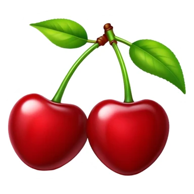 Pair of glossy red cherries with green stem, fruit sticker