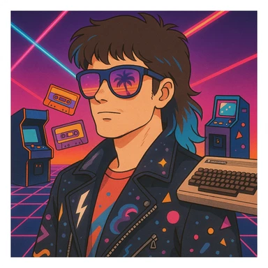 80s retro-futurism male portrait with mullet haircut with neon blue tips, airbrushed sunglasses with pink-purple gradient and palm/sunset reflection, leather jacket with lightning, cosmic, and Memphis Design patterns, neon gradient background with perspective grid, laser beams, cassettes, arcade games, Commodore 64, MTV-era palette sticker