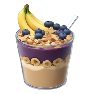 Açai bowl in a clear cup with layers of peanut butter, cashew nuts, granola, condensed milk and banana sliced and blueberrys on top sticker