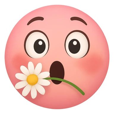 pink emoji face with a daisy in its mouth, wide eyes, blushing cheeks, surprised but happy look sticker