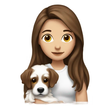 Girl Brunette  with brown long hair, hugging her white bishon sticker