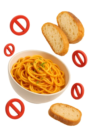 bowl di pasta e fettine di pane che fluttuano in aria con piccoli divieti 3d, sfondo bianco, iperrealistico 4k sticker