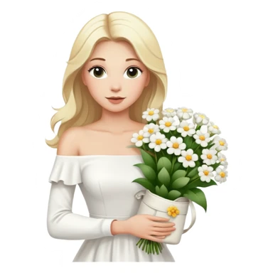 blonde woman in a white off-shoulder dress with long sleeves and a bouquet of white flowers in a white bag in her right hand sticker