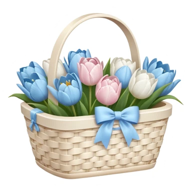 A white Picnic basket with pastel blue bow, white peonie, tulips sticker
