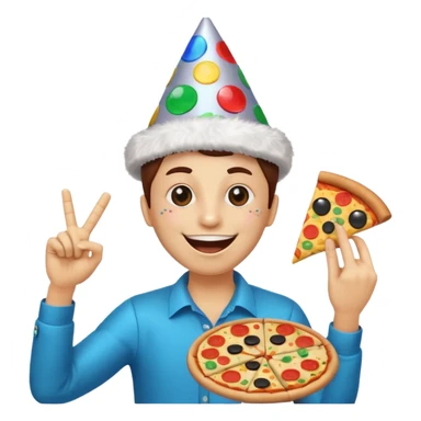 funny emoji called 'party Overload': laughing face with disco ball eyes, tilted party hat, making a finger gun with one hand, holding pizza in the other sticker