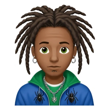 create a black male with locs and silver ear piercings and a left nose piercing and a spider necklace that’s black along with a varsity jacket that’s blue and green sticker