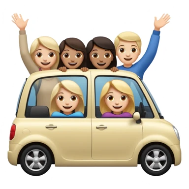 a basic small car with a simple body and low color saturation, five people (mixed genders) sitting inside, all leaning out of the car's side windows, five clear smiling faces, overall in apple standard emoji style, happy and cute expressions on the people sticker