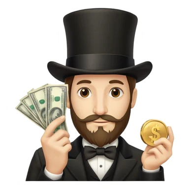 Stereotypical Jew with super long nose,medium hair, and top hat,beard with no mustache holding money sticker