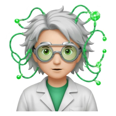 Appearance: Wild silver hair crackling with static electricity, goggles with flickering green lenses, lab coat with glowing circuit patterns.
Vibe: A time-bending genius obsessed with harnessing electricity and temporal flux. sticker