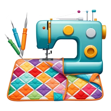 Patchwork and quilting icon, colorful fabric patches sewn together in a quilt pattern, sewing needle and thread, quilting tools like rotary cutter and quilting hoop, minimalistic style, clean lines, transparent background. sticker