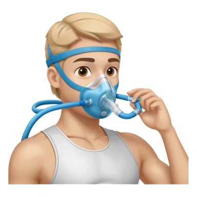 Athlete wearing VO2 max testing mask covering nose and mouth, with tubing connected to measurement equipment sticker