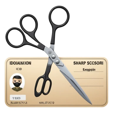 Floating black Scissors cutting in half an idf soldier ID card in 2 parts .hyper realistic sticker