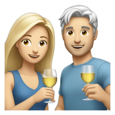 A white female with blue eyes and blond medium long hair and a white male with brown eyes and grey hair, they toast to each other with a glass of white wine. sticker