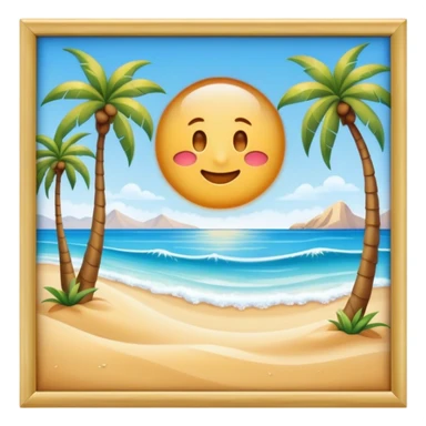 Cinematic Realistic Beach Emoji in a wooden frame, Sunny and bright, with soft golden sand stretching as far as the eye can see, gently lapping waves crashing onto the shore, and a clear, blue sky above. Palm trees sway in the warm breeze, crystal clear water of the waves on the landscape. Soft glowing outline, capturing the essence of a relaxed, joyful beach day filled with sun, sand, and surf! sticker