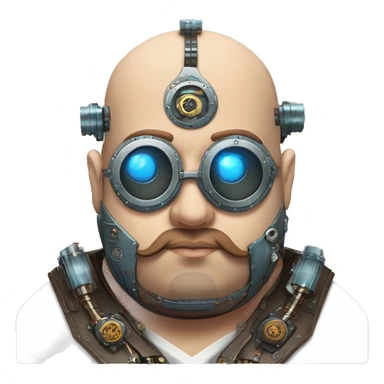 Fat bald cyborg head with blue steampunk goggles, brown beard and circuits sticker