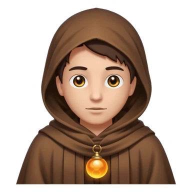 Coarse, hand-woven brown robes with deep,  shadowed cowls  with A dark, light-absorbing void within the hood where only two glowing yellow or orange eyes are visible. In AI generation, specify "glowing orb-like eyes" or "beady luminous eyes". sticker