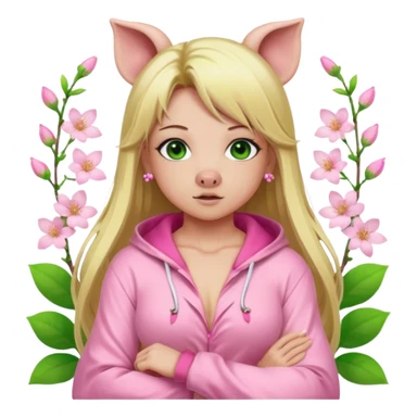 sexy and muscled, full body, in pink kegurumi pijamas, pig hood, sexy girl, long blond hair, beautiful green eyes, makeup, earrings, muscled, surrounded by pink flowers and sakura petals sticker