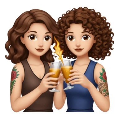 vial cheers — long wavy brown hair tattooed woman and short tight curly brown hair woman — clink potions sticker