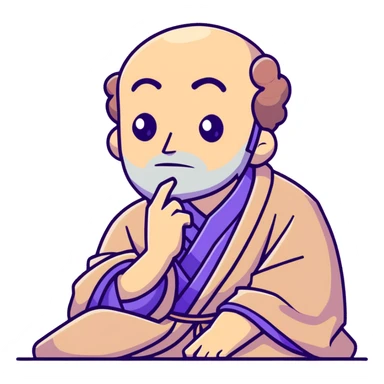 thoughtful philosopher with hand on chin, sitting in contemplative pose, scholarly appearance with robe, beige and brown color palette sticker