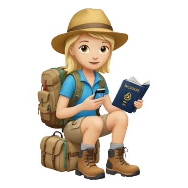 blonder haired Traveler character with passport, backpacker,  sticker