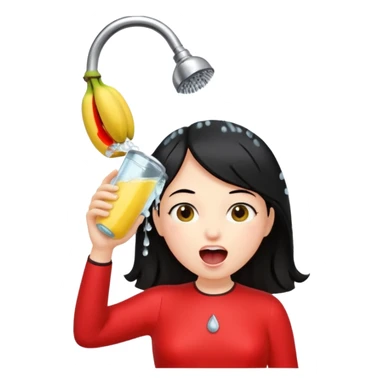 a girl with black hair and red dress with opened mouth drinking pale yellow water coming out from a shower looking like a banana above her head sticker