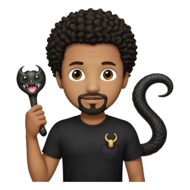 Homme noir de peau,  yeux marron avec un bouc pas de  moustache, cheveux noir court et bouclé crépus avec un dégradé sur le côté, avec un cobra à côté , t-shirt noir  sticker