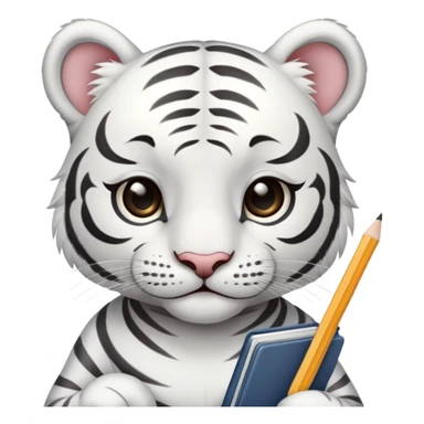 A cute white tiger holding a notebook and pencil sticker