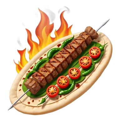 Adana kebab object icon, spicy grilled minced meat skewer, served on flatbread, grilled tomatoes and green peppers on the side, smoky char marks, juicy texture, 3D cartoon, mobile game icon style, centered, clean background, no text, no watermark
 sticker