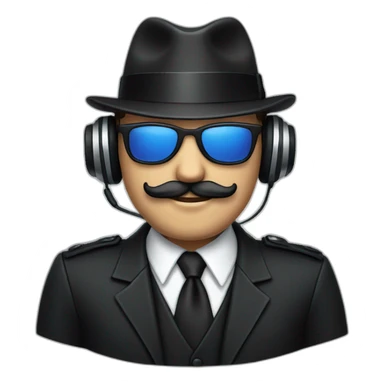 A man with a beige skin, a black suit, a tie, a fedora hat, headphones, sunglasses and a mustache sticker