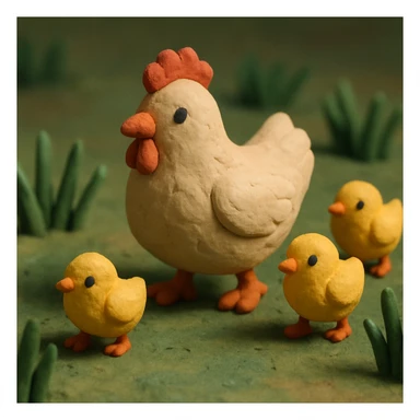 hen and chicks walking in grass, soft lighting, hand-molded details sticker