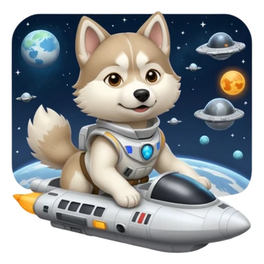 furry white coat husky in full battle gear posing cutely on a space cruiser sticker