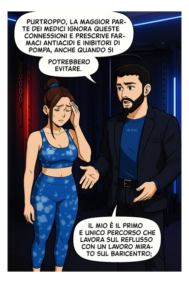 TRASFORMA QUESTO CAROSELLO IN UN FUMETTO STILE WEBTOON/MANGA A COLORI CON QUESTE DUE PERSONE IDENTICHE CHE INTERLOQUISCONO TRA LORO, L'uomo sta spiegando alla donna questo concetto MENTRE LA DONNA SI TIENE la mano sulla fronte sconcertata:

LUI (UOMO): Purtroppo, la maggior parte dei medici ignora queste connessioni e prescrive farmaci antiacidi e inibitori di pompa, anche quando si potrebbero evitare.
Il mio è il primo e unico percorso che lavora sul reflusso con un lavoro mirato sul baricentro; sticker