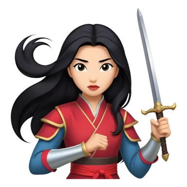 Cinematic Realistic Mulan Portrait, depicted with lifelike skin texture, soft natural lighting, and intricately detailed long black hair styled elegantly. Her deep, expressive eyes exude determination and grace, complemented by a serene yet confident expression. She stands with one hand resting on the hilt of her sword, the other by her side, exuding strength and poise. She is dressed in her classic attire, with rich fabric textures and delicate folds that catch the light beautifully. The portrait features a soft, enchanting glow with a natural, radiant finish, capturing the essence of timeless strength and beauty in a realistic and painterly style, evoking a sense of depth and authenticity. sticker