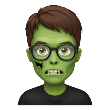 Green zombie, brown hair, black glasses, black shirt. iOS style. sticker