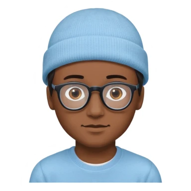 A boy or man emoji with medium-dark skin, wearing a light blue beanie and black-framed glasses, with brown eyes, dark eyebrows, a small nose, and a subtle smile on a clean-shaven face. sticker