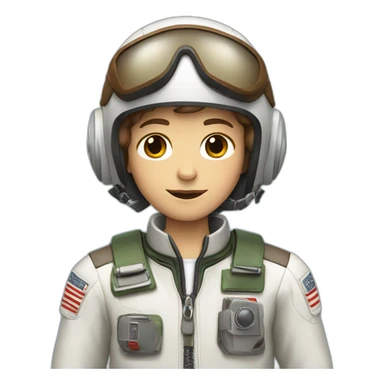 A white young boy with brown hair and a airplane pilot suit and a radio helmet sticker