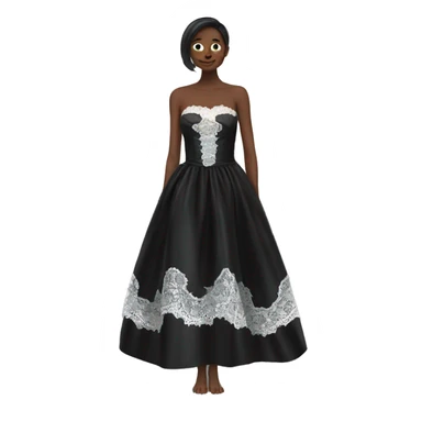 Realistic isolated black silk strapless dress flat neck with minimal white lace sticker