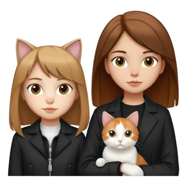 Light-skinned girl with brown straight hair wearing a black jacket, along with one pure white cat and one calico cat sticker