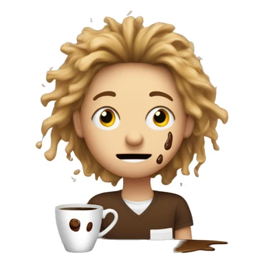 emoji of a person with a wild, frazzled expression, surrounded by a spilled cup of coffee, with coffee splashes all around. Their hair is frizzy, and they’ve got coffee stains on their shirt as they frantically try to clean up the mess. sticker