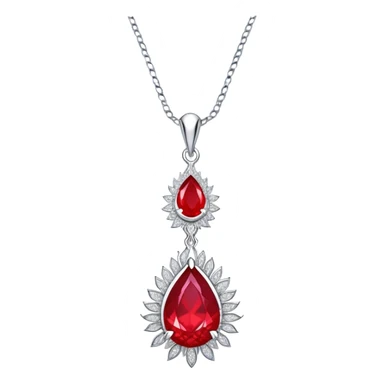 teardrop ruby pendant with fiery light, tiny phoenix feather emerging, haloed by shimmering white stones, silver chain like liquid moonlight sticker