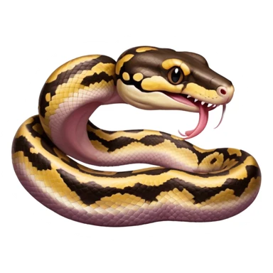 A photo-realistic digital illustration of a Ball Python, large headshot portrait. The snake has a short, rounded snout, smooth contours, and a wide, slow yawn exposing its soft pink mouth. Its head is warm brown with bold, irregular dark markings, including the signature “alien-head” pattern. sticker