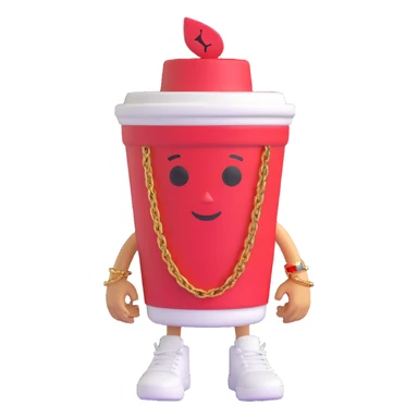 3D cartoon character of a Styrofoam cup of lean (purple drank), with a friendly face, arms, a gold chain, and Jordan sneakers, simple style sticker