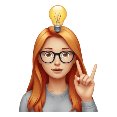 intelligent and clever, 30 year old, girl, long red and almost blond hair, glasses, has an brillant idea, light bulb over the head, casual cloth  sticker