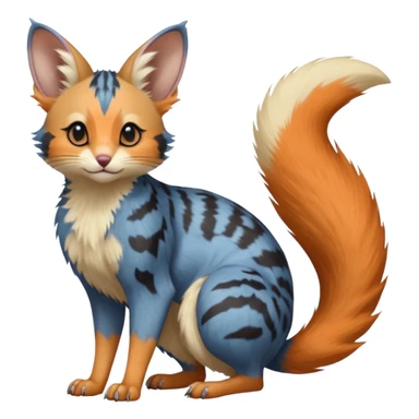 Blue, orange-pointed, soft natural realistic romantic vintage antique divine beautiful elegant pretty precious cute young youthful  Fakémon-Pokémon-opossum-feline-mouse-serval-caracal-chinchilla-Minccino-Cinccino-Meowstic-rodent-hybrid-creature with a big fluffy bushy tail (full body) sticker