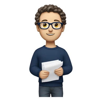 caucasian white boy with dark wavy  hair, blue glasses, and carrying design paper plan because he is an architect carrying a pencil and a set model maquette. wearing a navy blue long sleeve sweater shirt. smart.  sticker