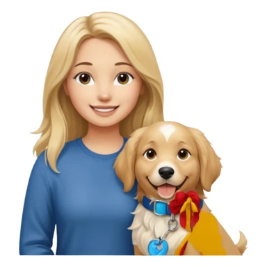 20-year-old dirty blonde woman with long hair and dark blue eyes, standing with an English cream golden retriever, friendly and warm scene sticker