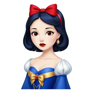 Cinematic Stunning Snow White Portrait Emoji, Fair skin glowing like porcelain, ruby-red lips, deep brown eyes full of kindness, raven hair framed by her iconic red bow, wearing her royal blue and gold gown, exuding timeless beauty and grace! sticker