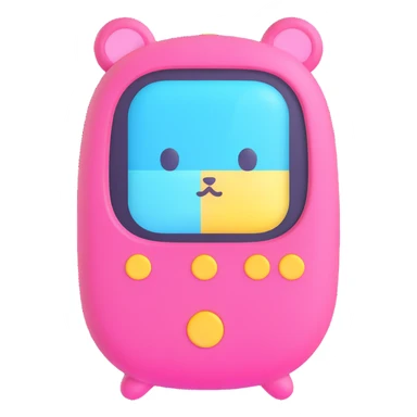 Tamagotchi virtual pet device, 3D emoji style, rounded plastic shell, cute digital pet on screen sticker