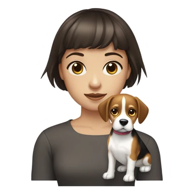 girl brunette with short hair with bangs and blue eyes holding a beagle with dark eyes  sticker